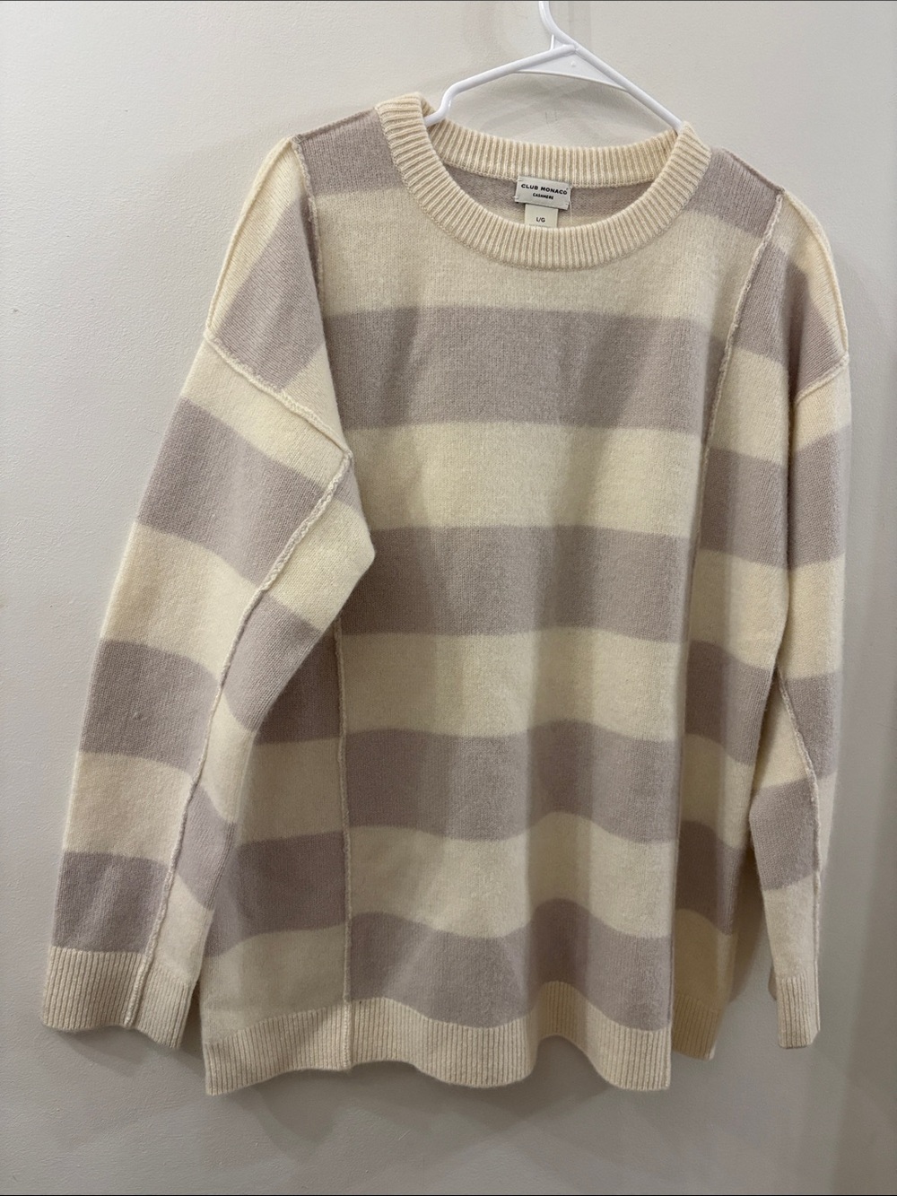Club Monaco Cream and Taupe Wide-Stripe Crewneck Sweater - 100% cashmere - L